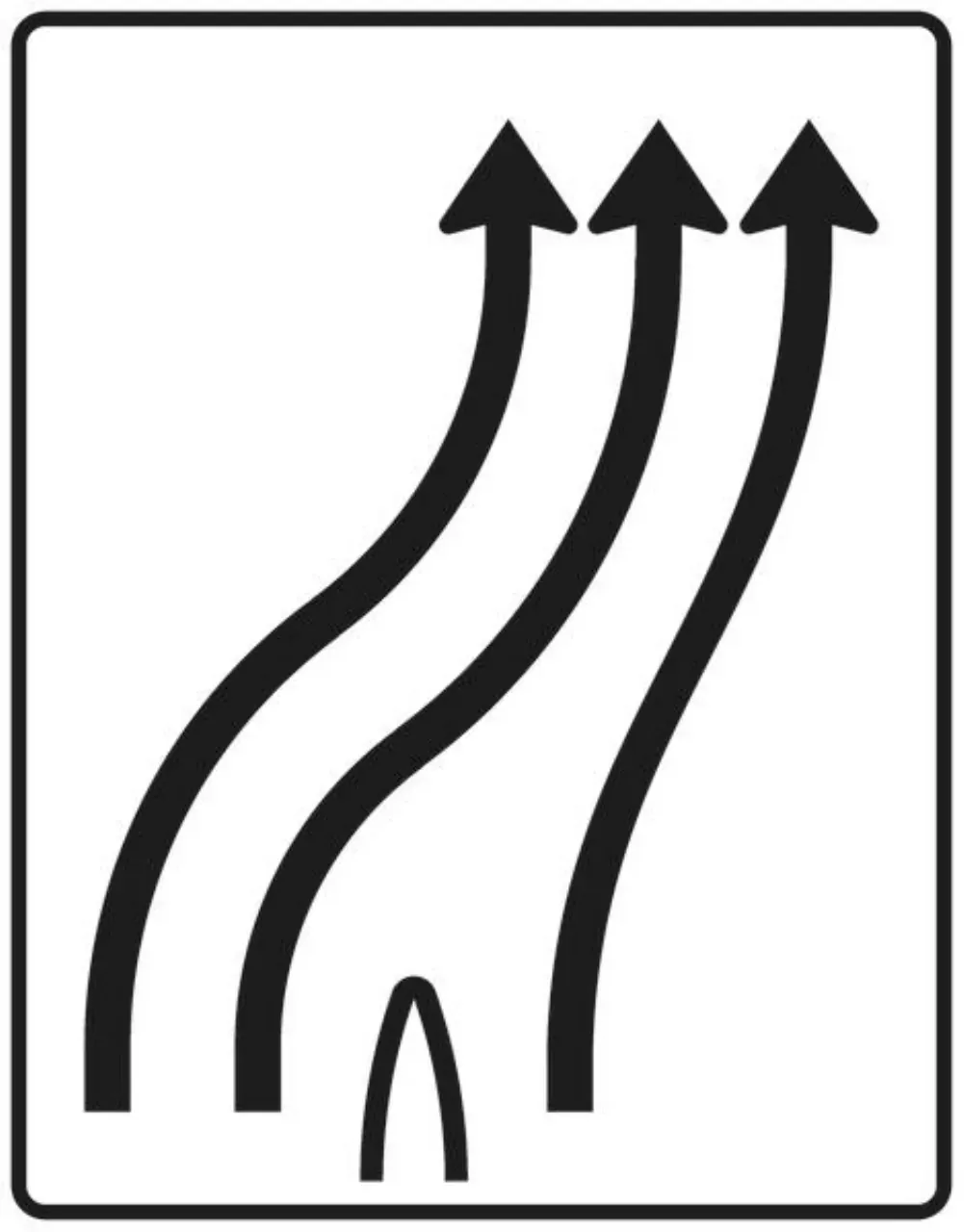 Verkehrszeichen 501-25 Überleitungstafel - ohne Gegenverkehr - dreistreifig nach rechts, davon zwei Fahrstreifen übergeleitet; neues Zeichen - 1600x1250 3 mm RA1