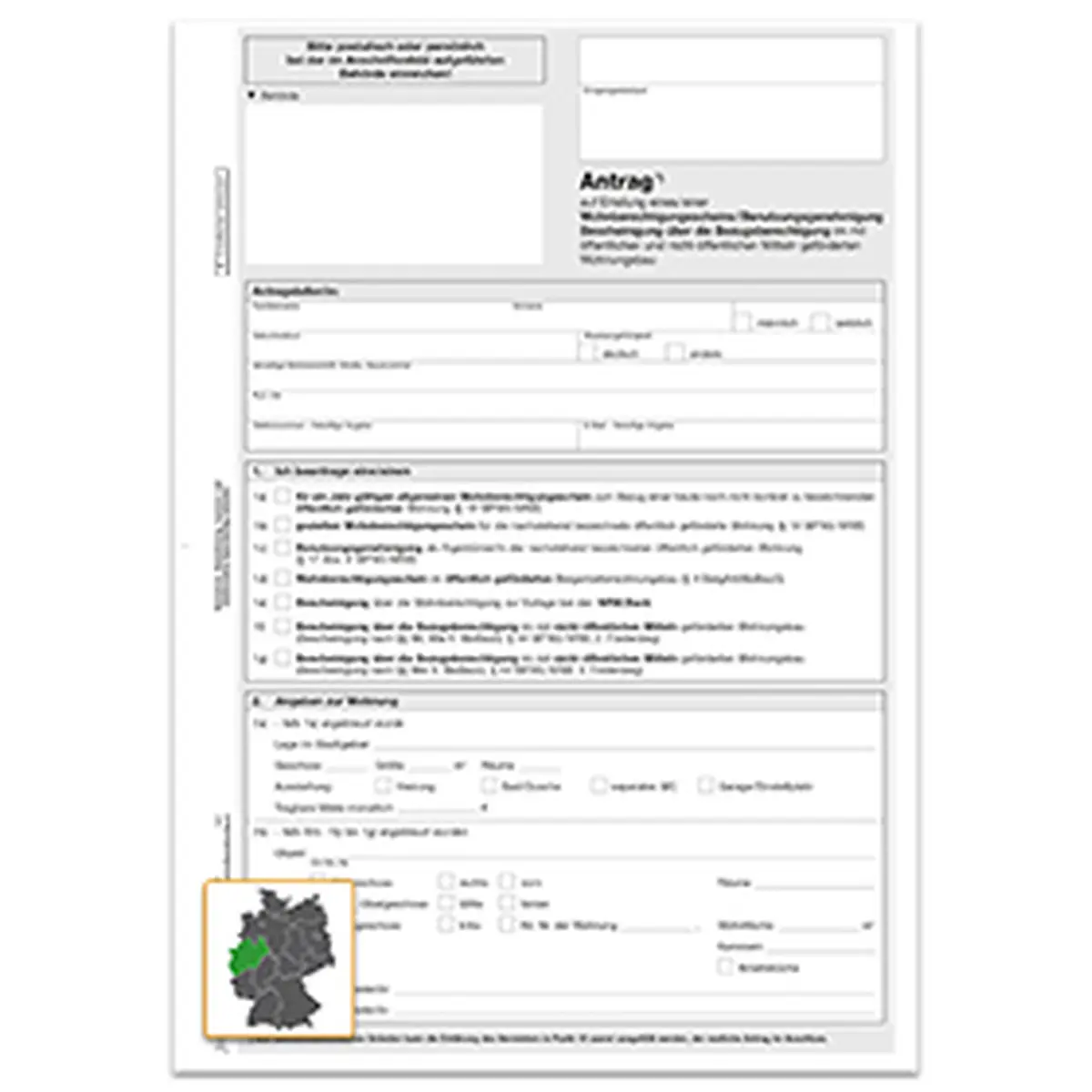 Formulare und Vordrucke Antrag auf Erteilung einer Wohnberechtigungsbescheinigung, A4 4-seitig, 25 Stück für Bürobedarf