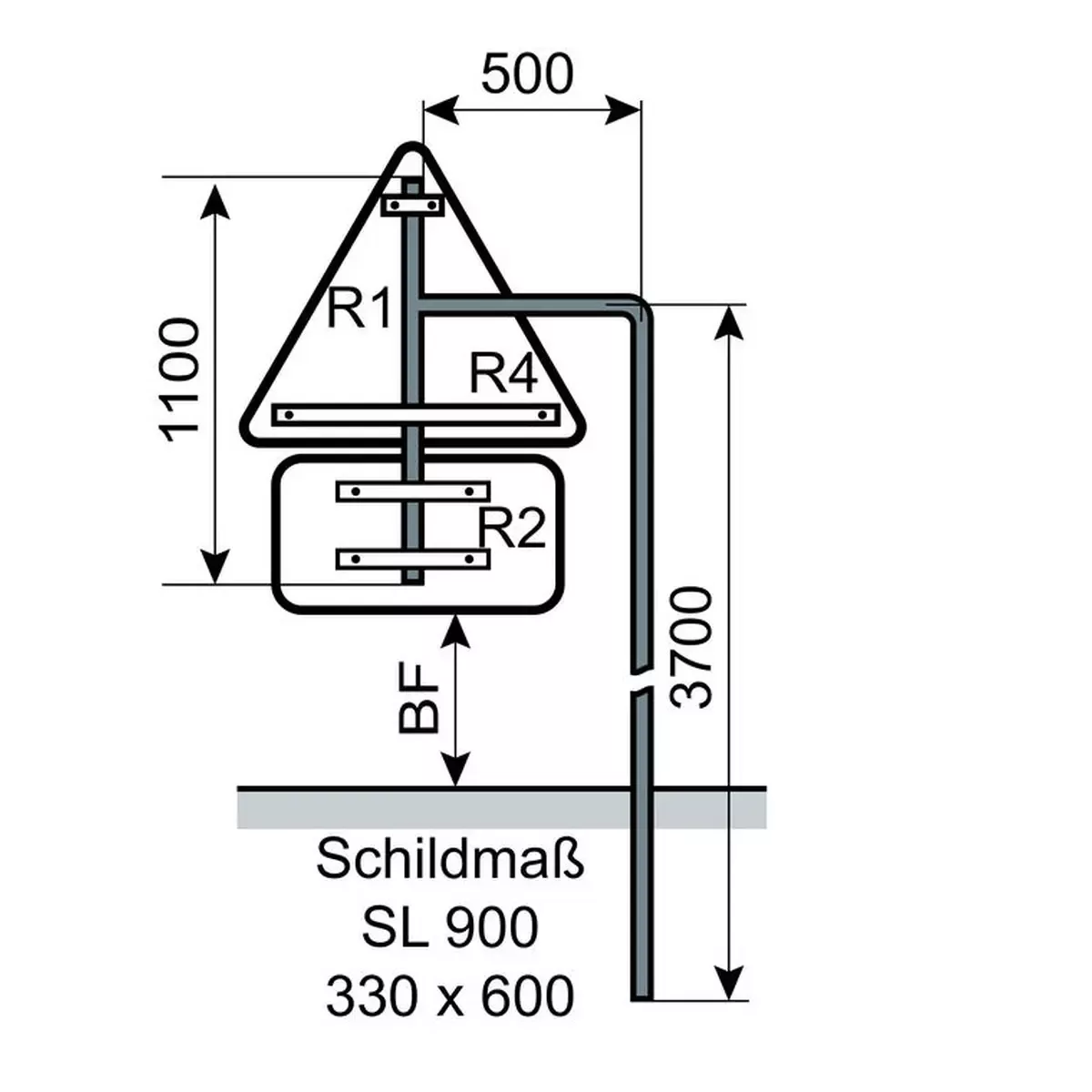 Ausleger-Rohrpfosten für Schildmaß SL 900 / 330x600 mm, Standrohr 3700x60,3/2,9 mm verzinkt