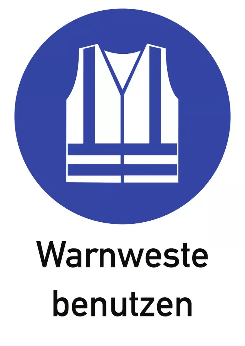 Warnweste benutzen ISO 7010, Kombischild, Alu, 262x371 mm, Schwarz, 262, ohne Angabe, 371, ohne Angabe, Aluminium, Blau, weiß