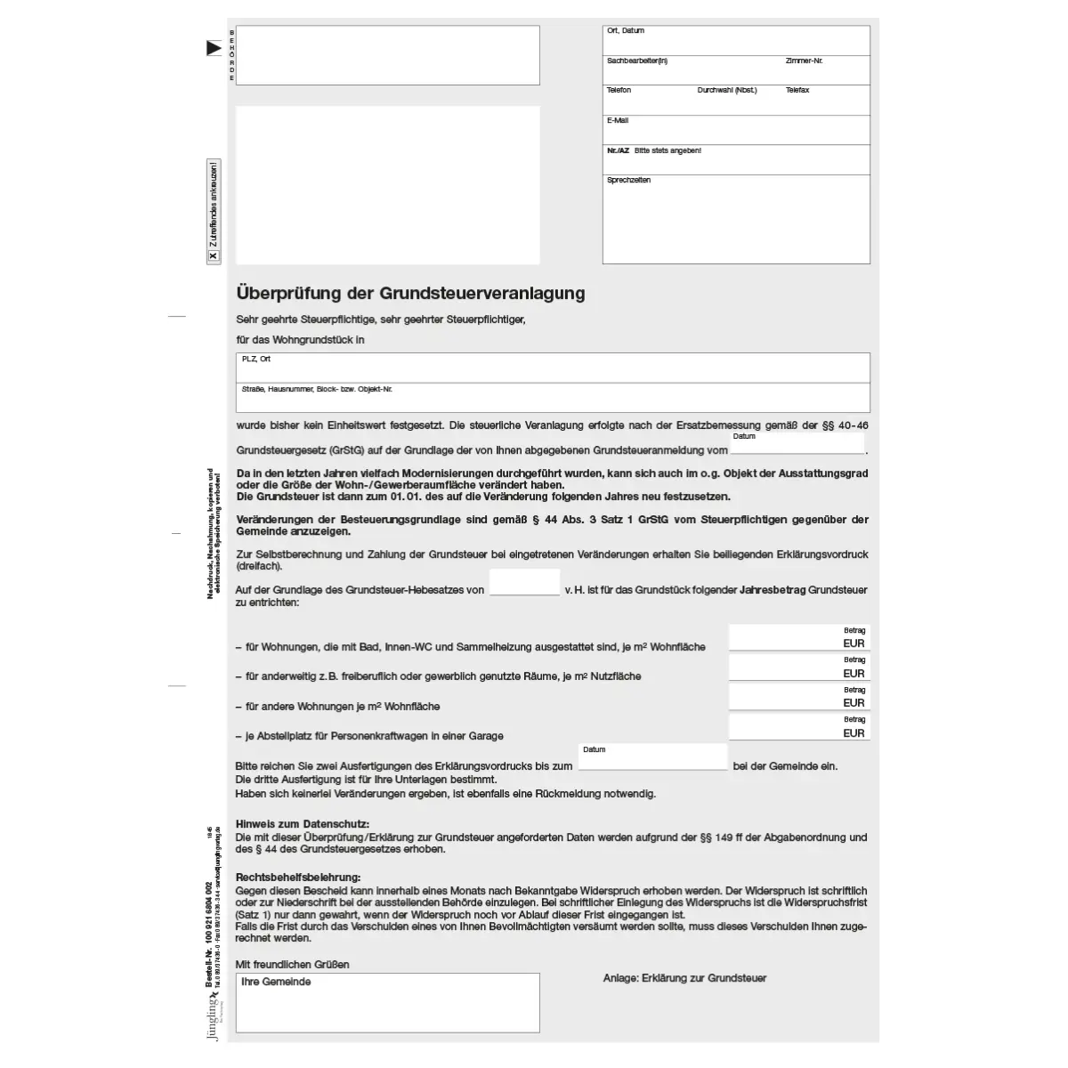 Formulare und Vordrucke Anschreiben Grundsteuerüberprüfung Neue Länder , A4 2-fach, 25 Satz für Bürobedarf