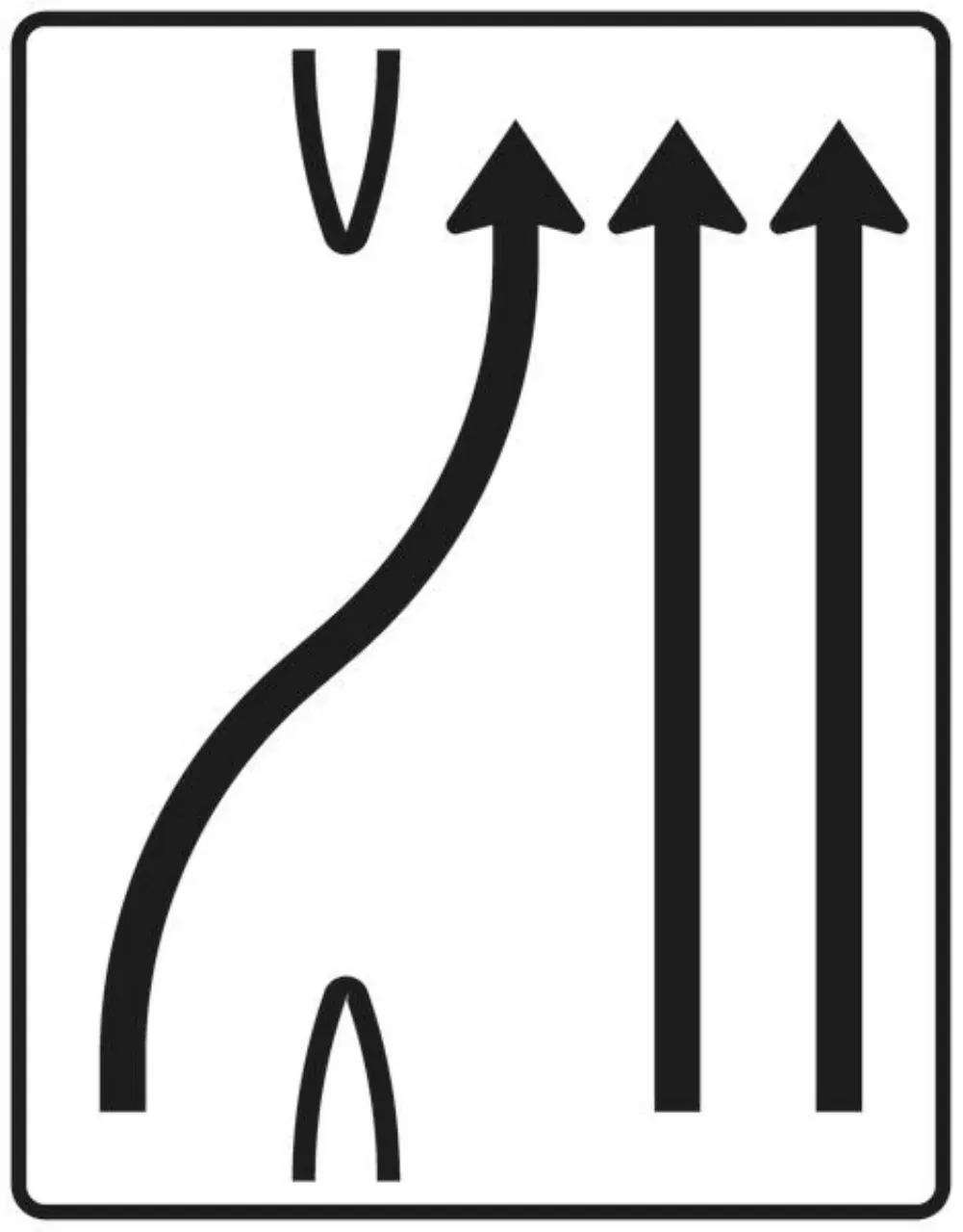 Verkehrszeichen 501-27 Überleitungstafel - ohne Gegenverkehr - einstreifig nach rechts und zweistreifig geradeaus; neues Zeichen - 1600x1250 Alform RA2