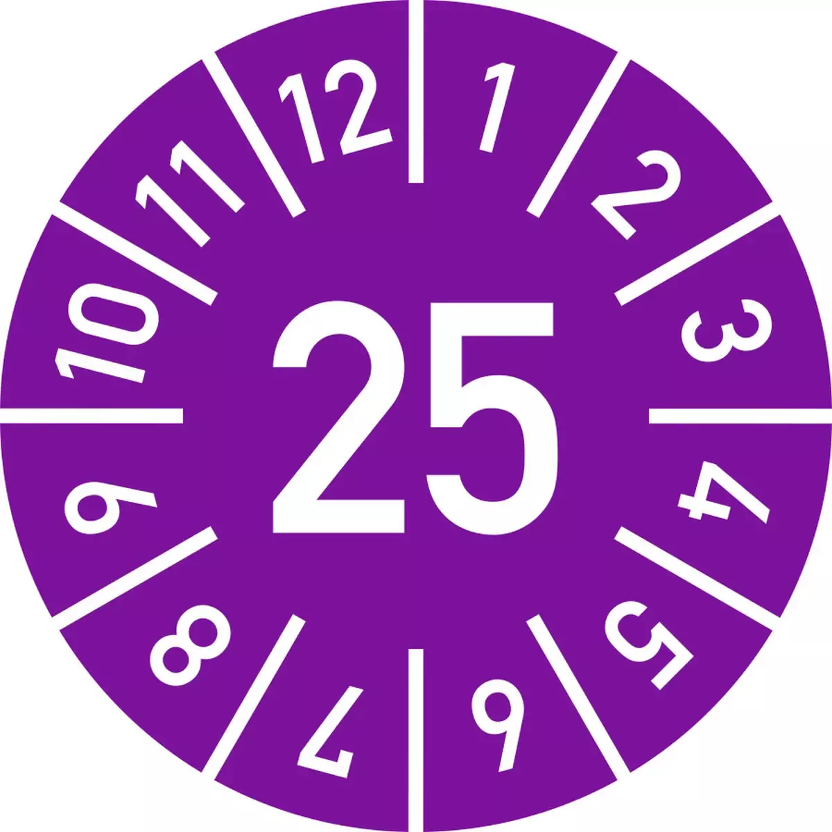 Hinweisschilder Prüfplakette Jahr 25 mit Monaten, violett, Folie, Ø 10 mm, 10 St. Bo. für Warnen und hinweisen