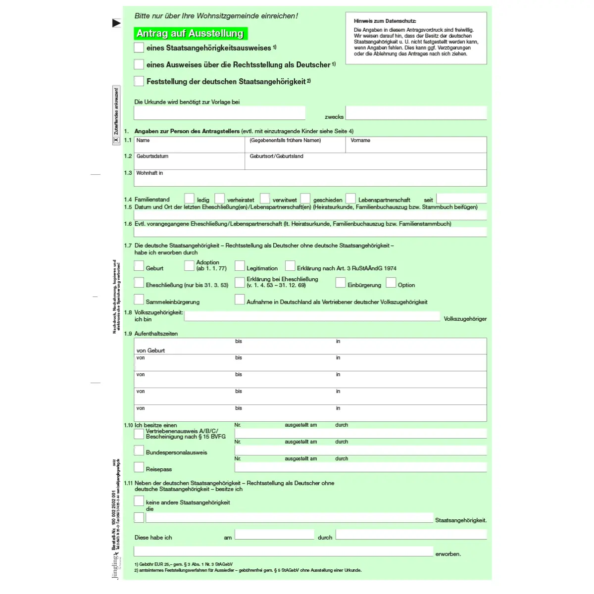 Formulare und Vordrucke Antrag Staatsangehörigkeitsausweis, A4, 4-seitig, 25 Stück für Bürobedarf