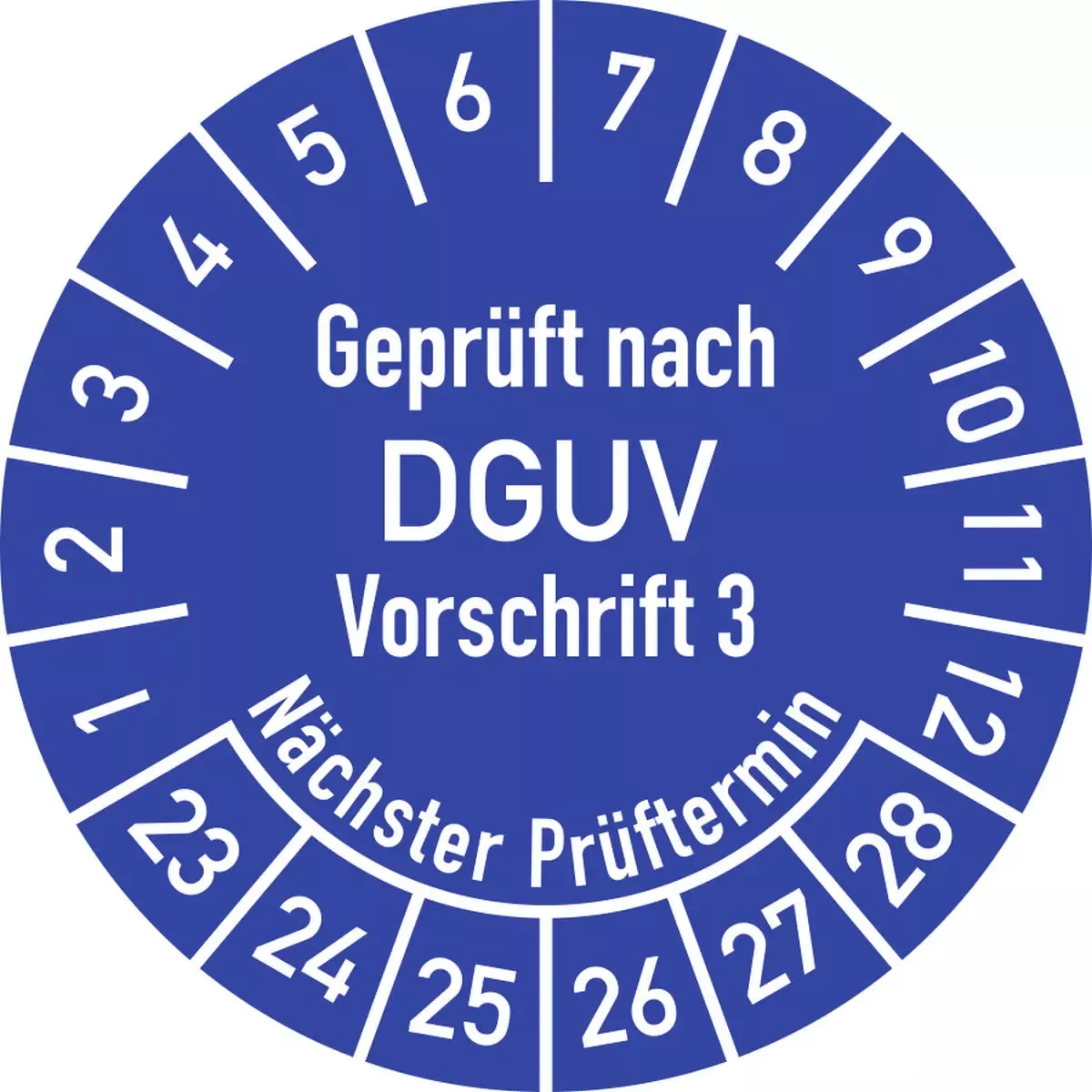 Hinweisschilder Prüfplakette Geprüft nach DGUV V3 ..., 2023-2028, Folie, Ø 25 mm, 10 Stk. Bog. für Warnen und hinweisen