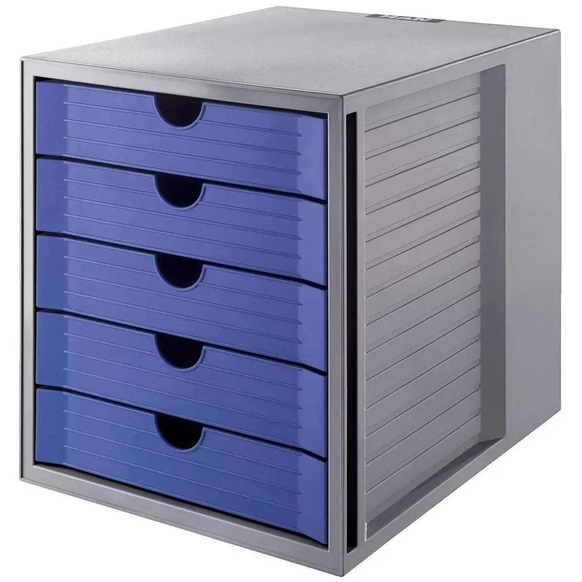 Büromaterial Schubladenbox SYSTEMBOX KARMA - A4 C4, 5 geschlossene Schubladen, grau-öko-blau für Bürobedarf
