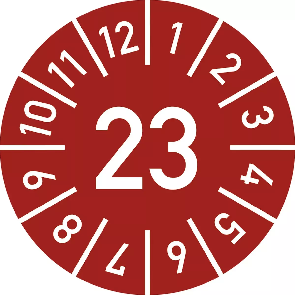 Hinweisschilder Prüfplakette Jahr 23 mit Monaten, rot, Folie, Ø 10 mm, 10 St. Bo. für Warnen und hinweisen
