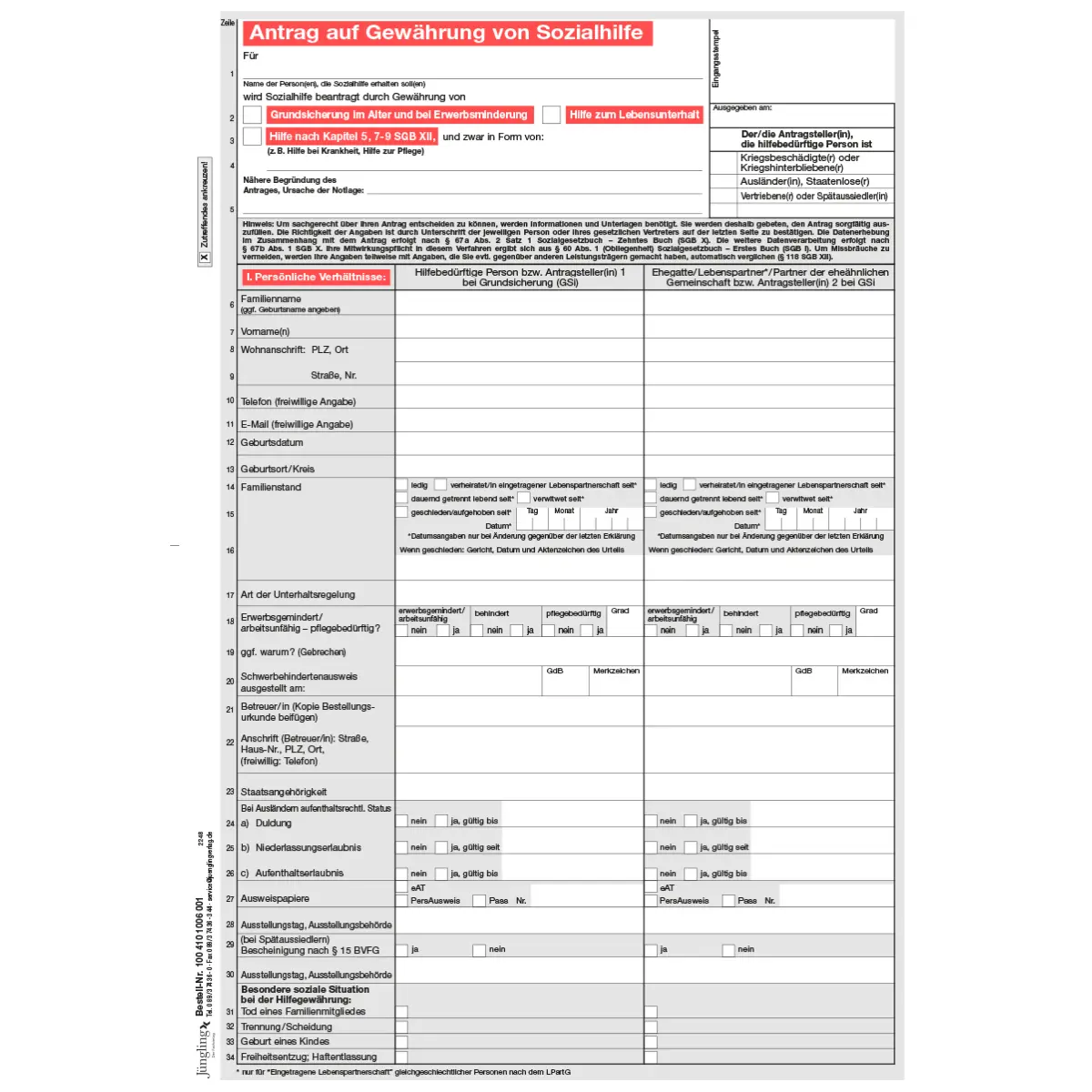 Formulare und Vordrucke Antrag auf Gewährung von Sozialhilfe, A4 8-seitig, 25 Stück für Bürobedarf